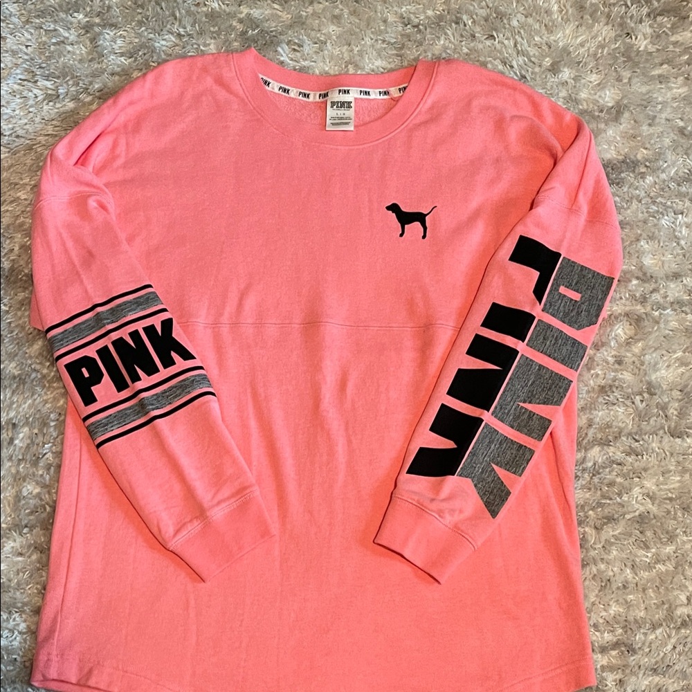 PINK Victoria's Secret Long Sleeve Logo Tee in Coral Pink with Black Accents